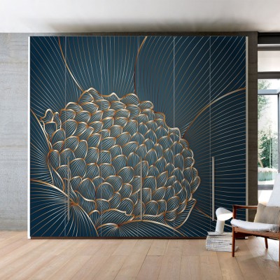 Μπλε λουλούδι με χρυσό, Line Art, Αυτοκόλλητα ντουλάπας